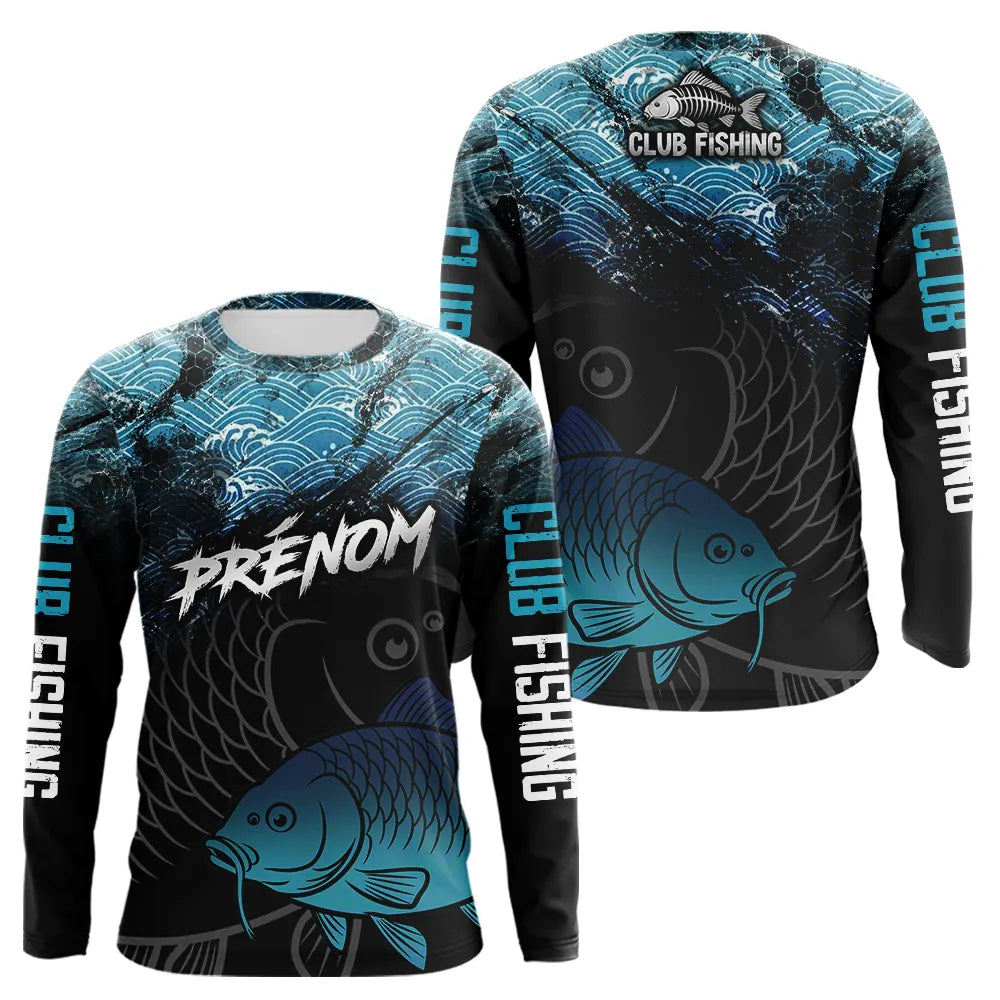 Polo Pêcheur Club Carpe - Motif Vagues Bleu Personnalisé - Long Sleeves Homme