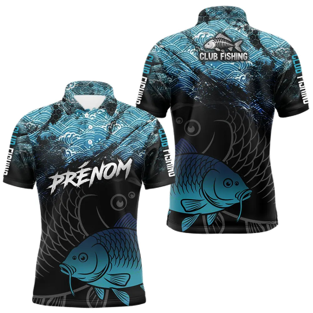 Polo Pêcheur Club Carpe - Motif Vagues Bleu Personnalisé - Polo Homme