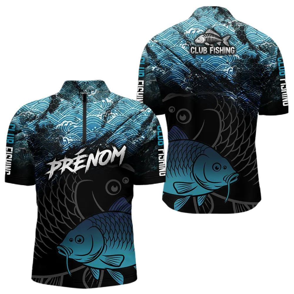 Polo Pêcheur Club Carpe - Motif Vagues Bleu Personnalisé - Polo Zippé Homme