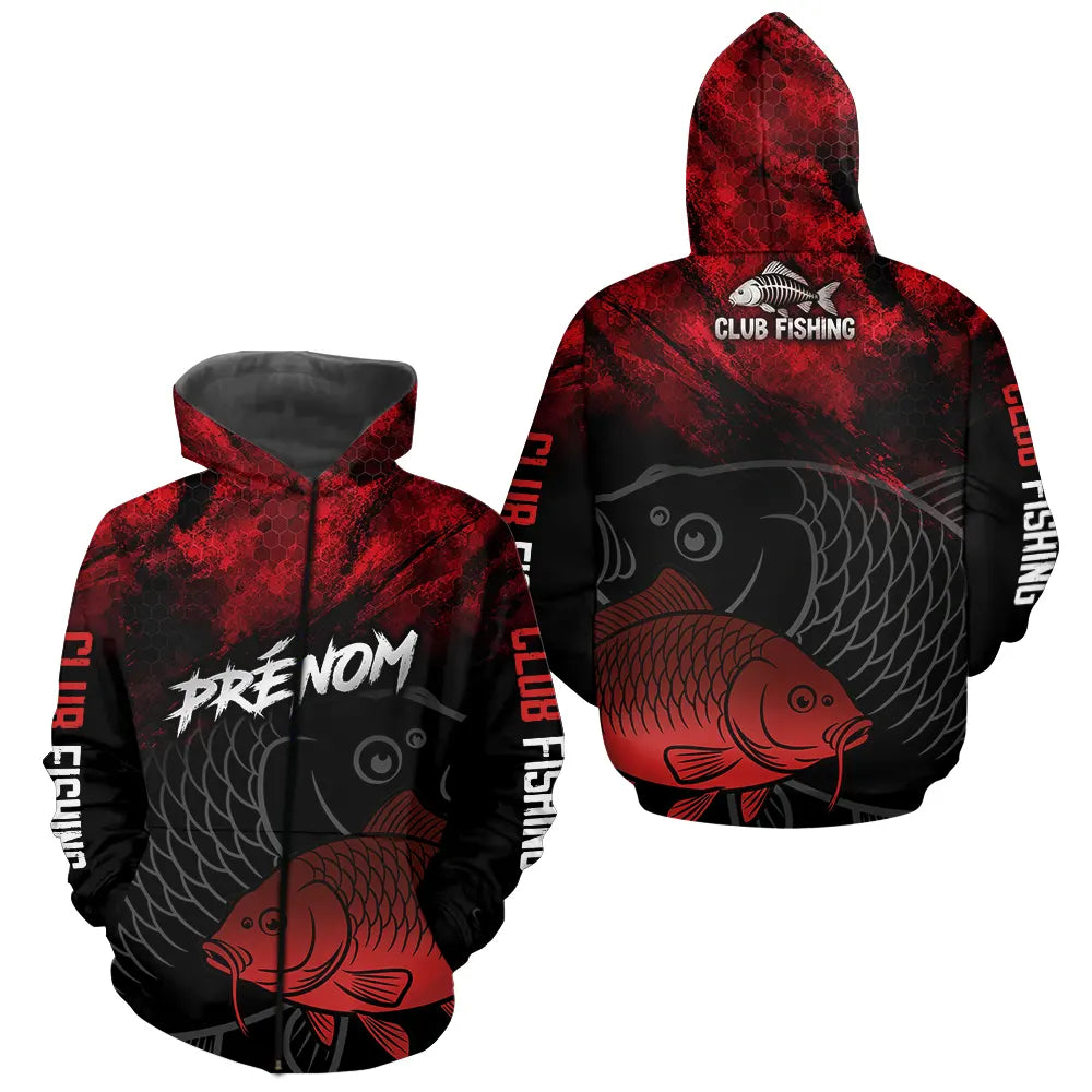 Polo Pêcheur Club Carpe - Motif Vagues Rouge Personnalisé - Hoodie Zippé Homme