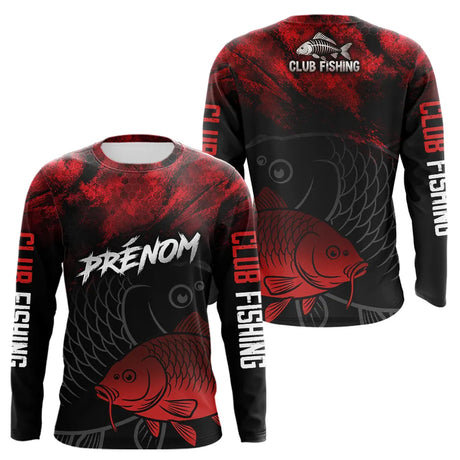 Polo Pêcheur Club Carpe - Motif Vagues Rouge Personnalisé - Long Sleeve Homme