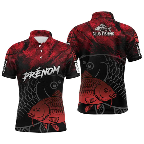 Polo Pêcheur Club Carpe - Motif Vagues Rouge Personnalisé - Polo Homme