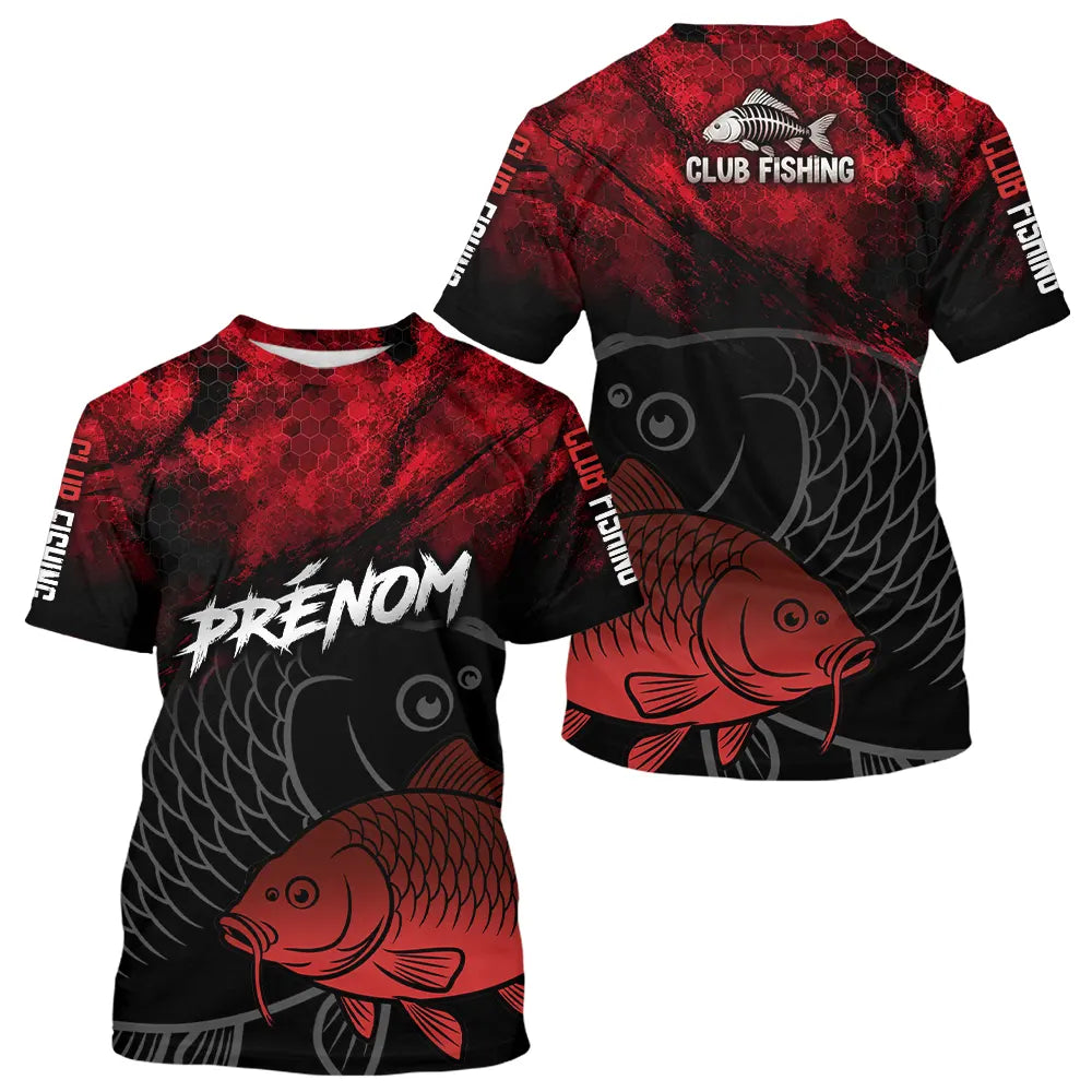 Polo Pêcheur Club Carpe - Motif Vagues Rouge Personnalisé - T-Shirt Homme