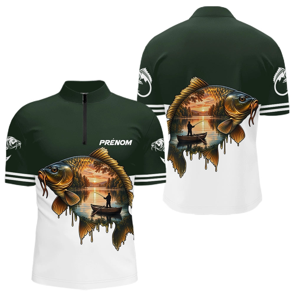 Polo Pêcheur En Barque Personnalisé - Vert Et Blanc - Polo Zippé Homme