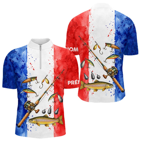 Polo Pêcheur Français Personnalisé Truite - Bleu Blanc Rouge - Polo Zippé Homme