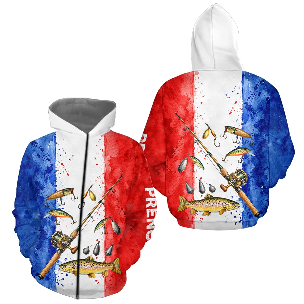 Polo Pêcheur Français Personnalisé Truite - Bleu Blanc Rouge - Zippé Hoodie Homme