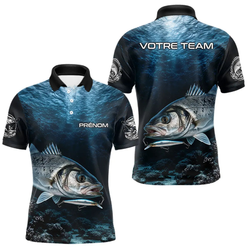Polo Pêcheur Le Bar Personnalisé - Bleu Mer 3D - Polo Homme