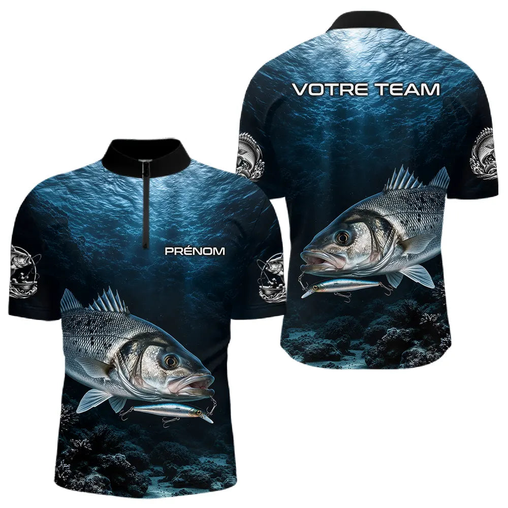 Polo Pêcheur Le Bar Personnalisé - Bleu Mer 3D - Polo Zippé Homme