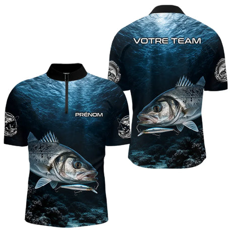 Polo Pêcheur Le Bar Personnalisé - Bleu Mer 3D - Polo Zippé Homme