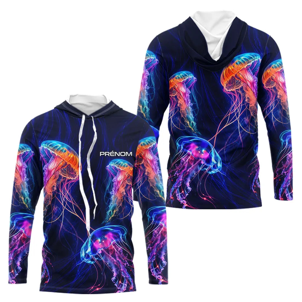 Polo Pêcheur Méduse - Fluo Bleu Néon Personnalisable - Long Sleeves Hoodie Homme
