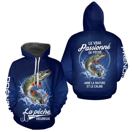 Polo Pêcheur Passionné Personnalisé Bleu - Design Brochets - Hoodie Homme
