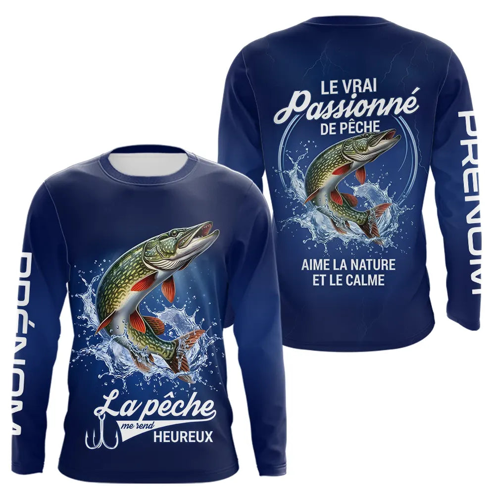 Polo Pêcheur Passionné Personnalisé Bleu - Design Brochets - Long Sleeves Homme