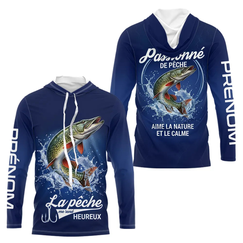 Polo Pêcheur Passionné Personnalisé Bleu - Design Brochets - Long Sleeves Hoodie Homme