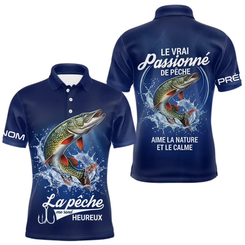 Polo Pêcheur Passionné Personnalisé Bleu - Design Brochets - Polo Homme