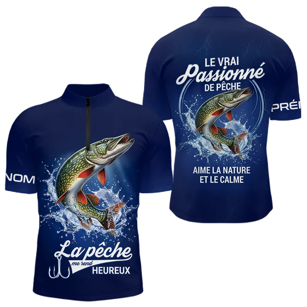 Polo Pêcheur Passionné Personnalisé Bleu - Design Brochets - Polo Zippé Homme