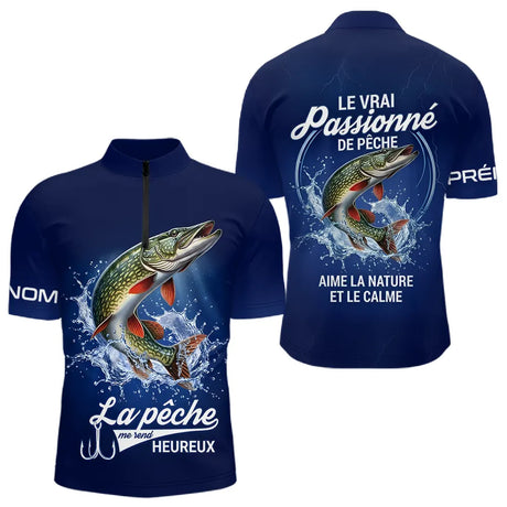 Polo Pêcheur Passionné Personnalisé Bleu - Design Brochets - Polo Zippé Homme