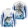 Polo Pêcheur Personnalisé Blanc & Bleu - Motif Bar & Boussole - Long Sleeves Homme