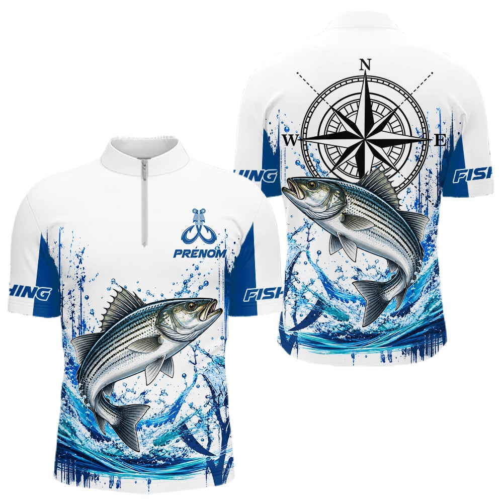 Polo Pêcheur Personnalisé Blanc & Bleu - Motif Bar & Boussole - Polo Zippé Homme