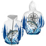 Polo Pêcheur Personnalisé Blanc & Bleu - Motif Bar & Boussole - Zippé Hoodie Homme