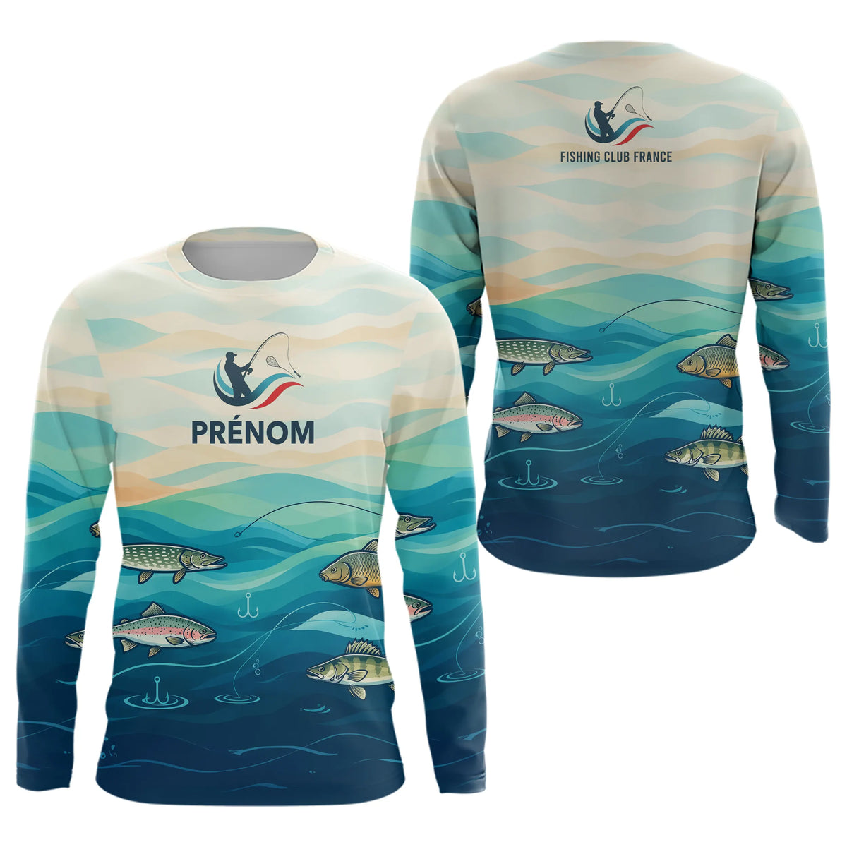 Polo Pêcheur Personnalisé Bleu - Turquoise Drapeau France - Long Sleeves Homme