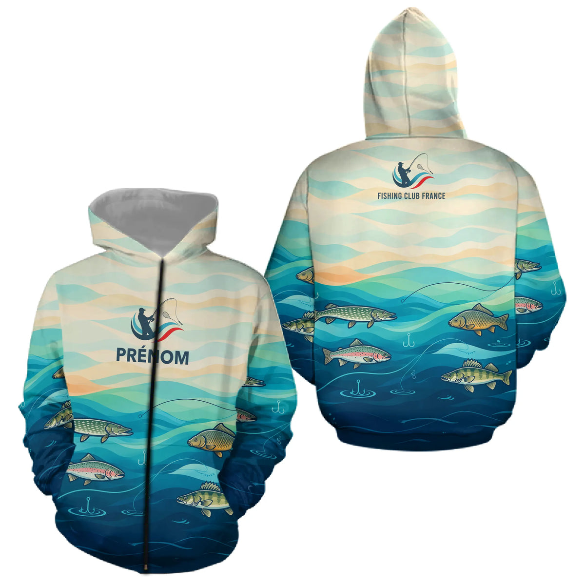 Polo Pêcheur Personnalisé Bleu - Turquoise Drapeau France - Zippé Hoodie Homme