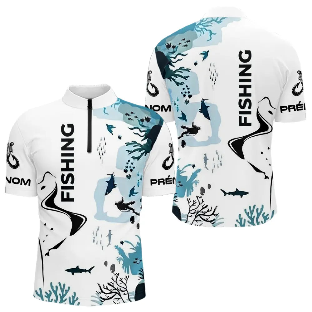 Polo Pêcheur Personnalisé Passion Blanc - Motifs Mer - Polo Zippe Homme