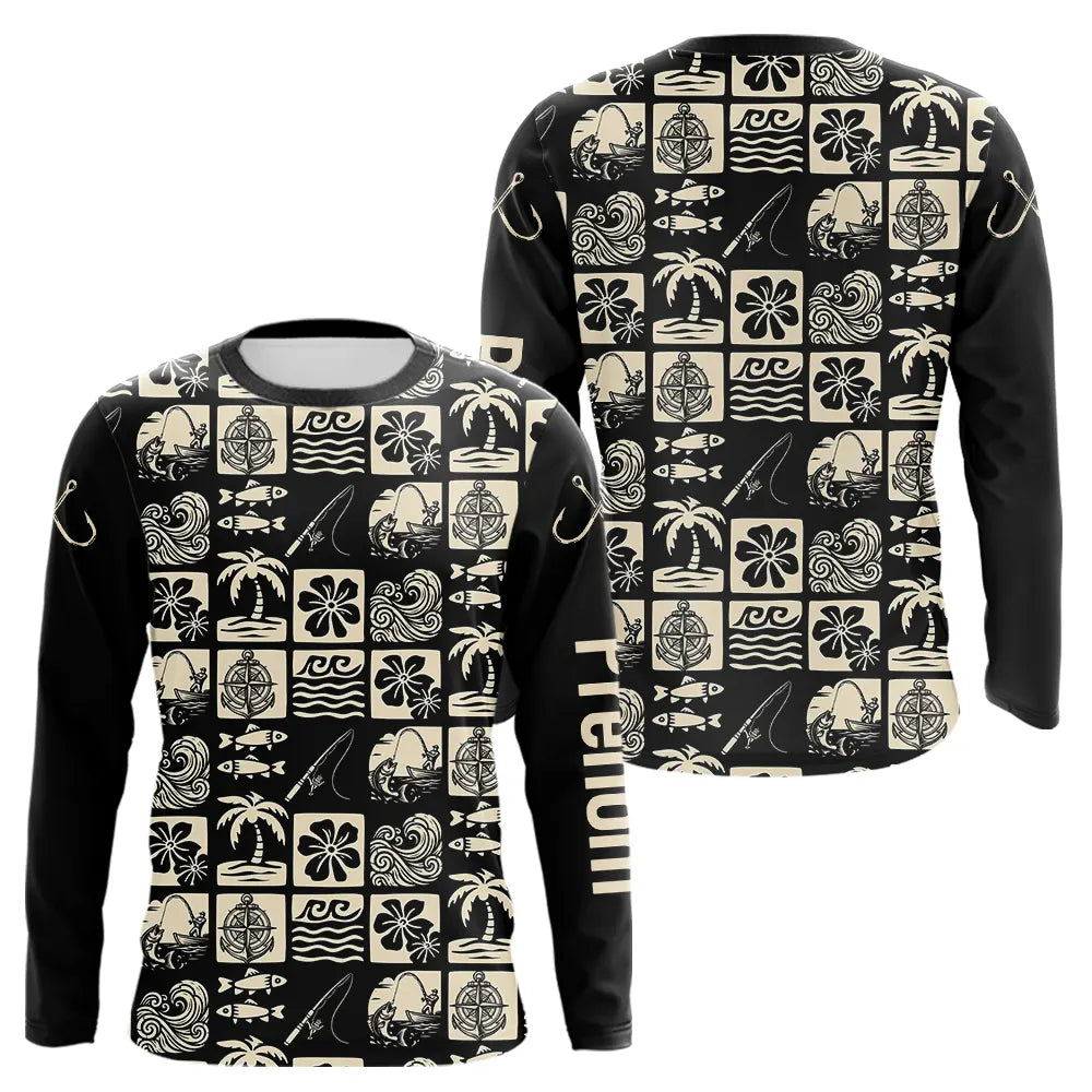 Polo Pêcheur Personnalisé Style Hawaïen - Noir & Beige - Long Sleeves Homme