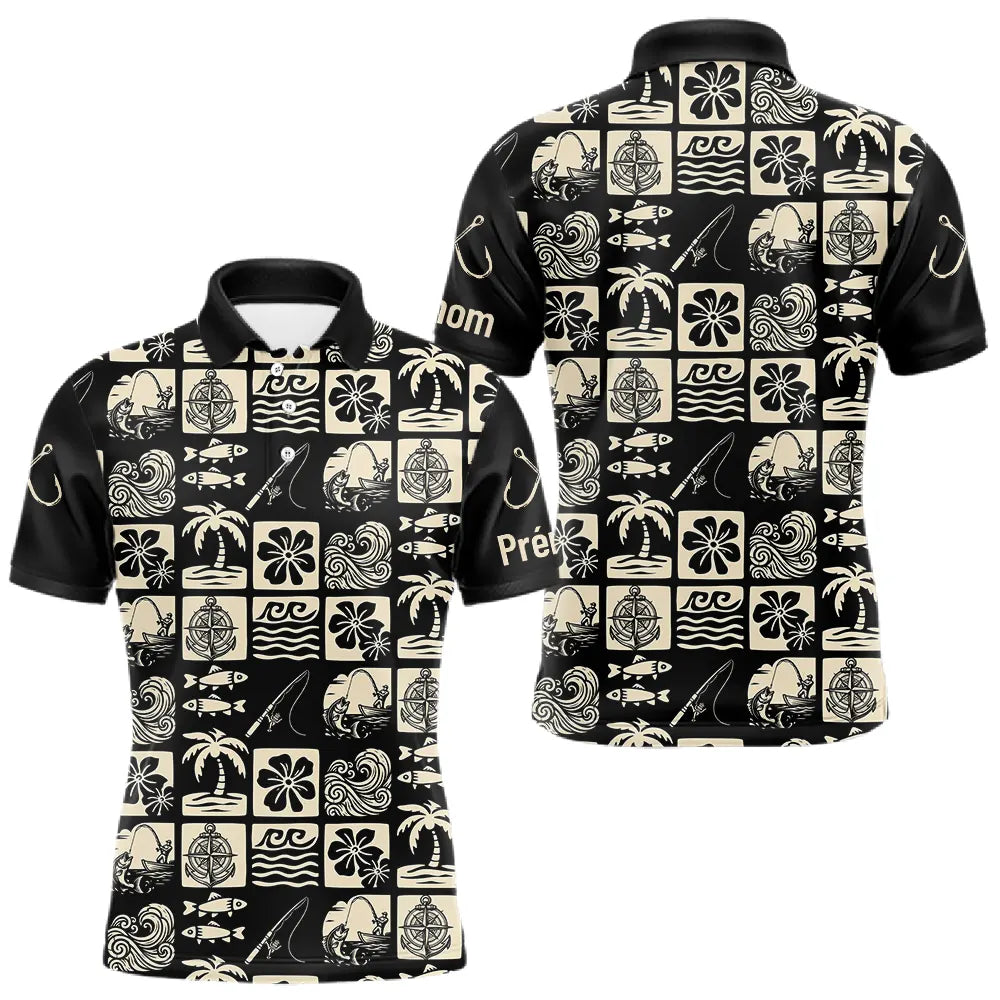 Polo Pêcheur Personnalisé Style Hawaïen - Noir & Beige - Polo Homme
