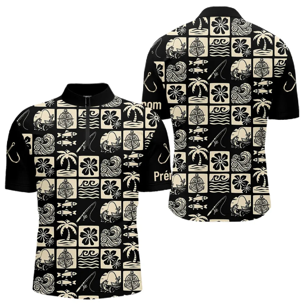 Polo Pêcheur Personnalisé Style Hawaïen - Noir & Beige - Polo Zippé Homme