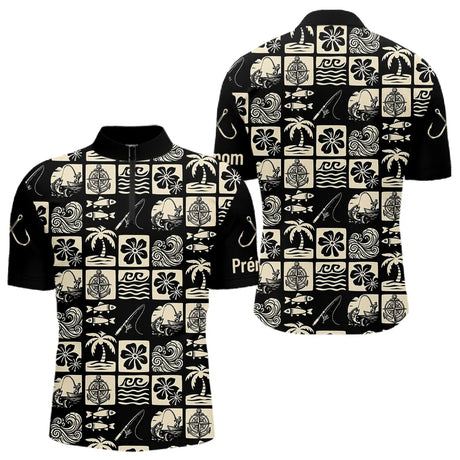 Polo Pêcheur Personnalisé Style Hawaïen - Noir & Beige - Polo Zippé Homme