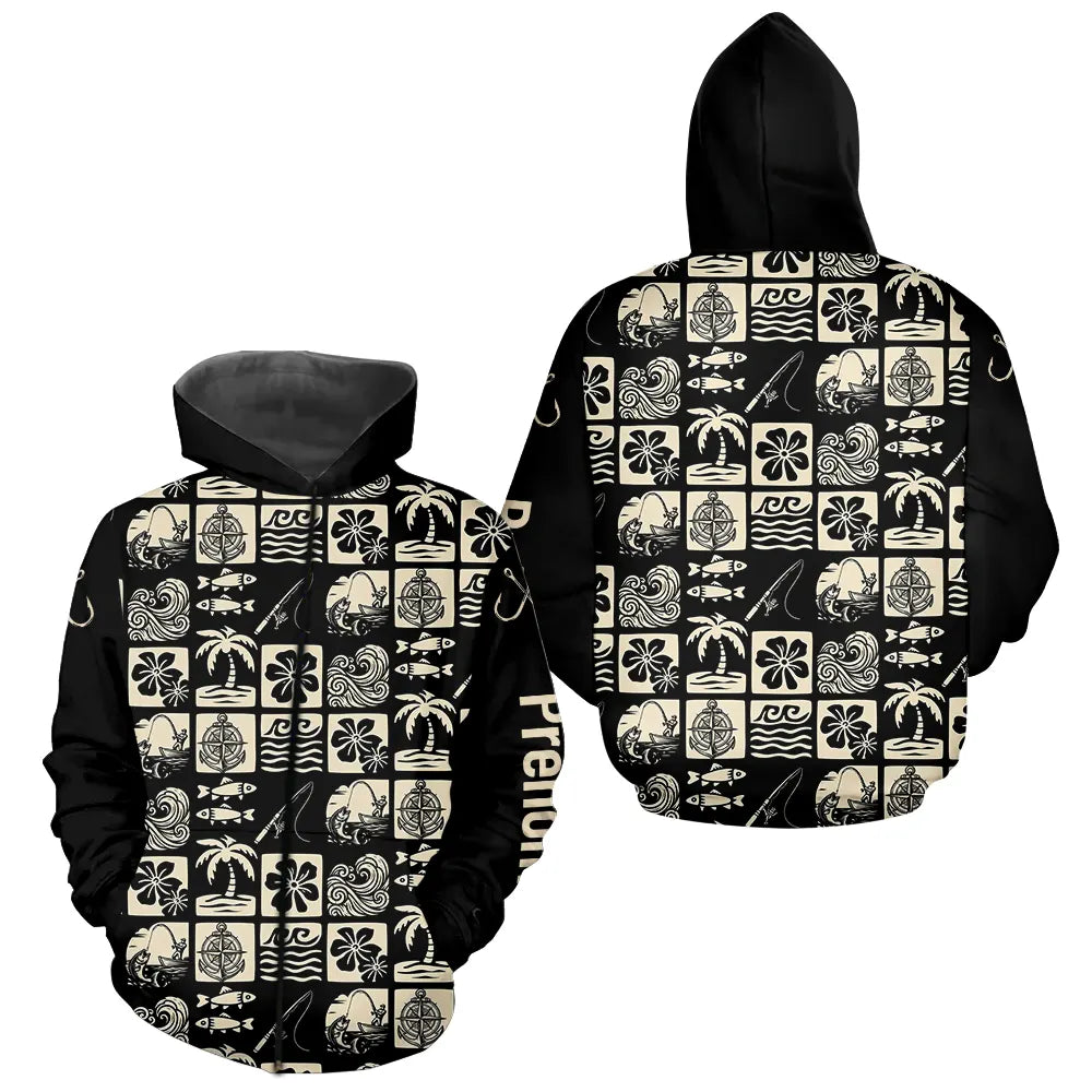 Polo Pêcheur Personnalisé Style Hawaïen - Noir & Beige - Zippé Hoodie Homme