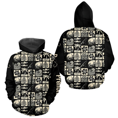 Polo Pêcheur Personnalisé Style Hawaïen - Noir & Beige - Zippé Hoodie Homme