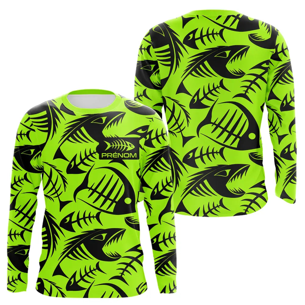Polo Pêcheur Vert Fluo Arête De Poisson Personnalisé - Long Sleeves Homme