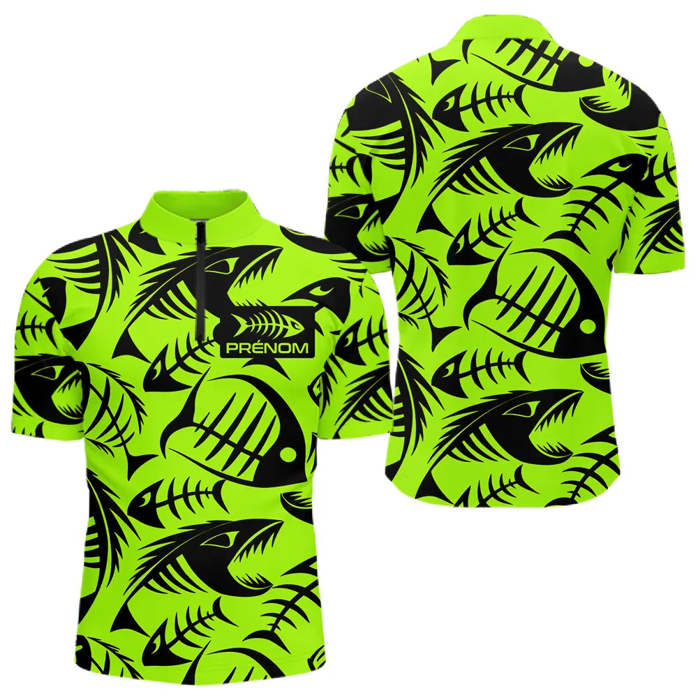 Polo Pêcheur Vert Fluo Arête De Poisson Personnalisé - Polo Zippé Homme