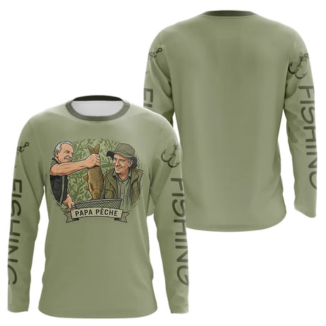 Polo Pêcheur Vert Olive "Papa Pêche" Homme Personnalisé - Long Sleeves Homme