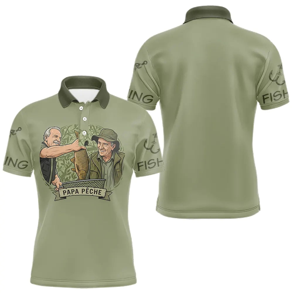 Polo Pêcheur Vert Olive "Papa Pêche" Homme Personnalisé - Polo Homme