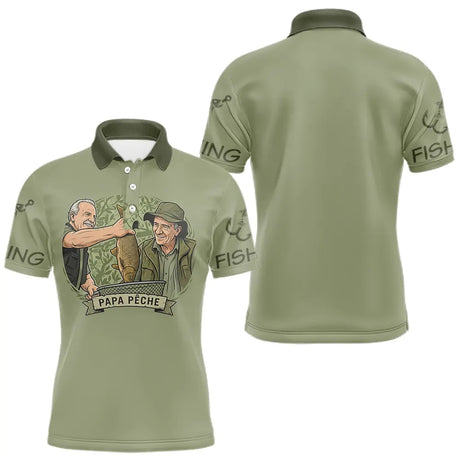 Polo Pêcheur Vert Olive "Papa Pêche" Homme Personnalisé - Polo Homme