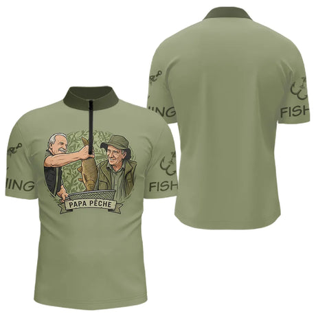 Polo Pêcheur Vert Olive "Papa Pêche" Homme Personnalisé - Polo Zippe Homme