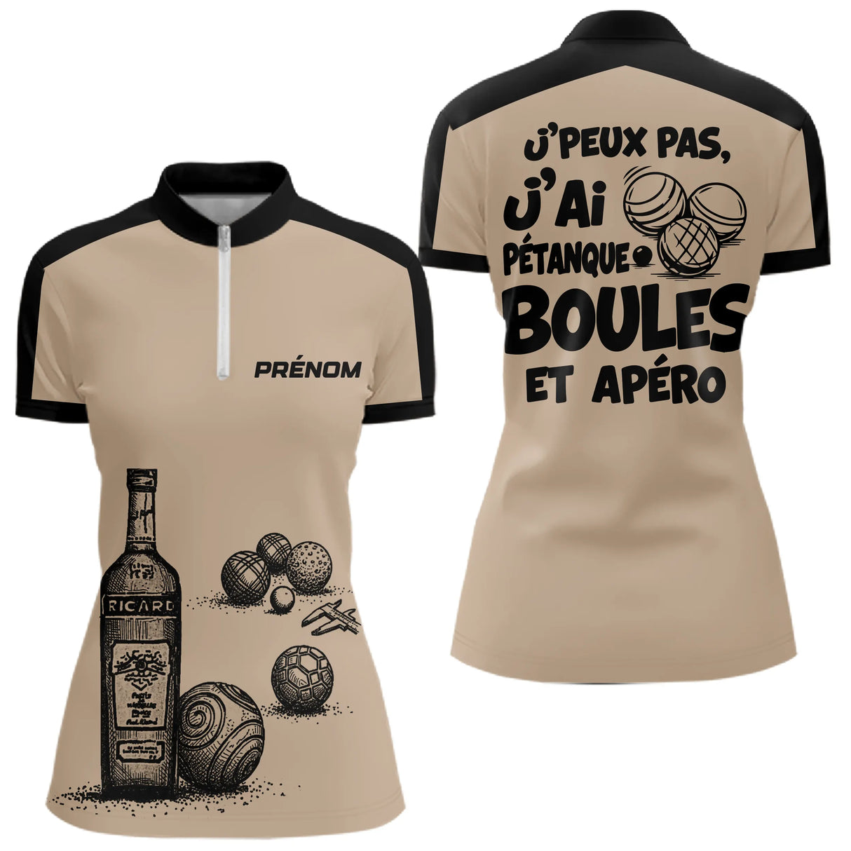 Polo Pétanque & Apéro - Boules Beige Personnalisé - Polo Zippé Femme