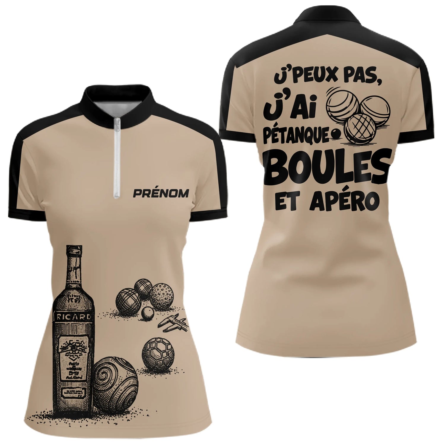 Polo Pétanque & Apéro - Boules Beige Personnalisé - Polo Zippé Femme