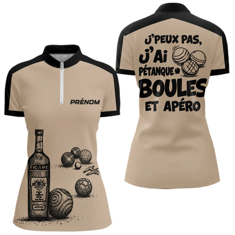 Polo Pétanque & Apéro - Boules Beige Personnalisé - Polo Zippé Femme