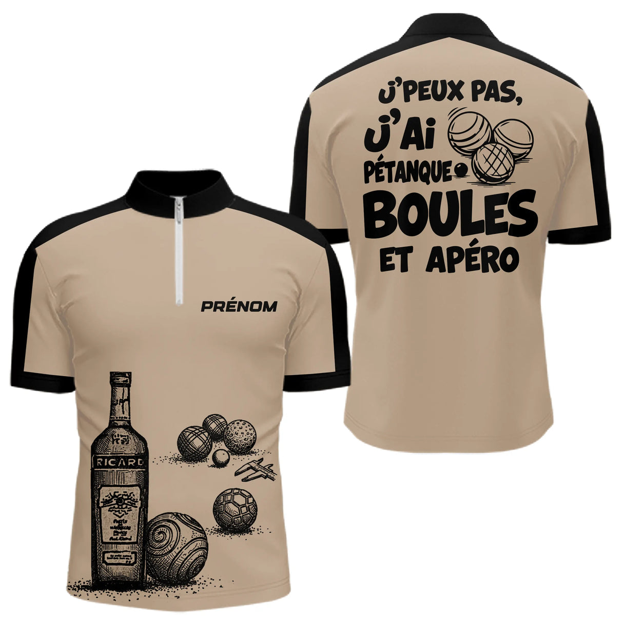 Polo Pétanque & Apéro - Boules Beige Personnalisé - Polo Zippé Homme