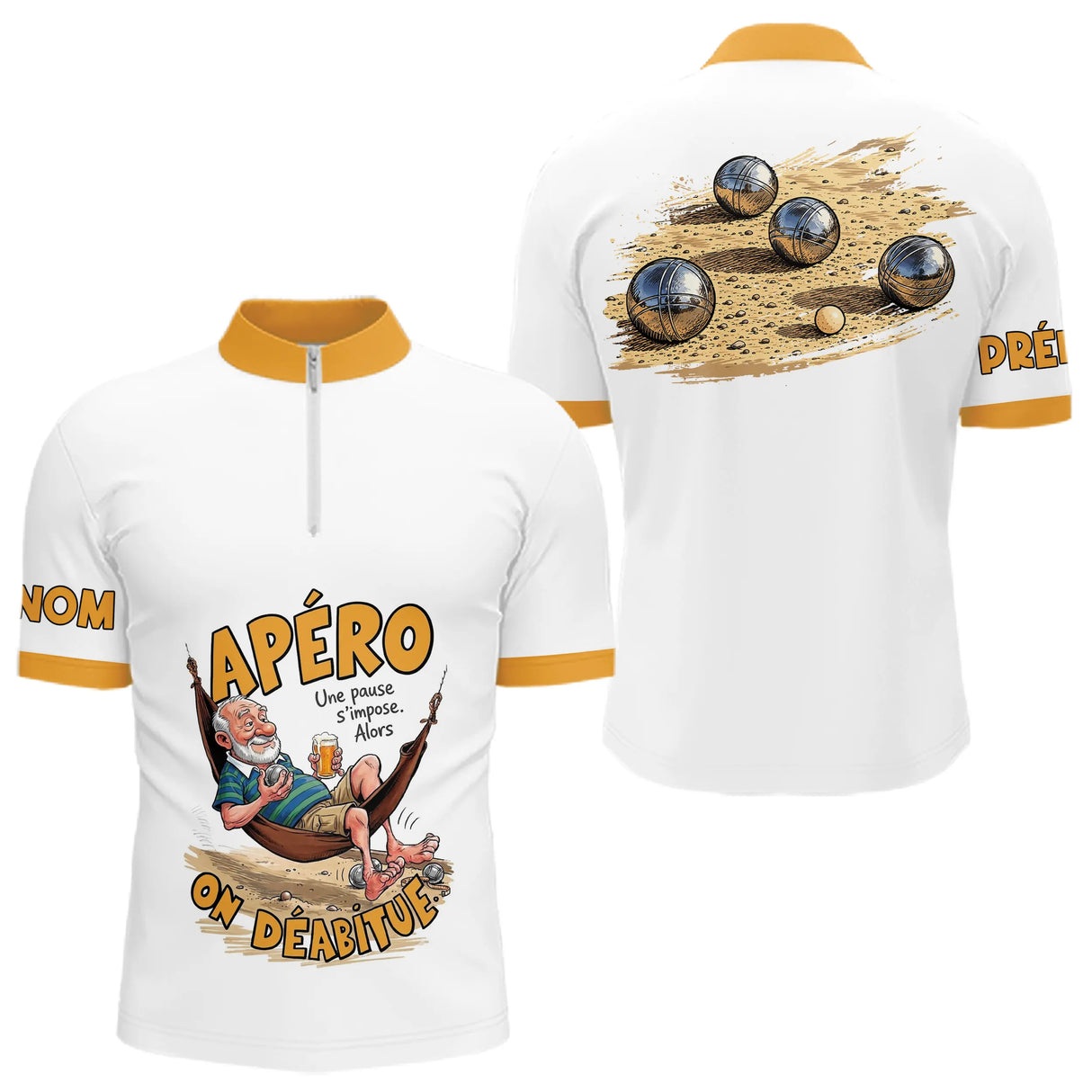 Polo Pétanque & Apéro - La Style Blanc & Jaune Personnalisé - Polo Zippé Homme