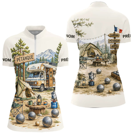 Polo Pétanque Apéro Camping - Cadeau Beige Personnalisé - Polo Zippé Femme