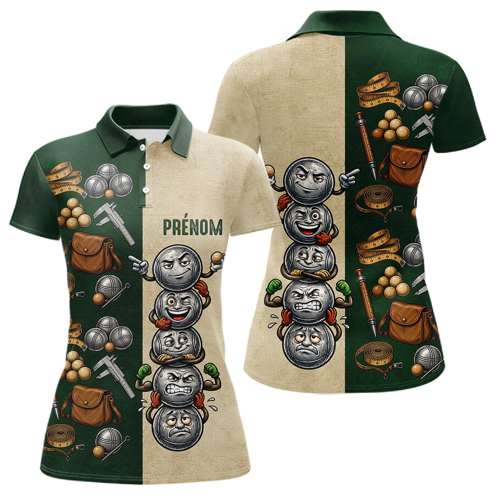 Polo Pétanque Balle Sourire Personnalisé - Vintage Vert et Beige - Polo Femme