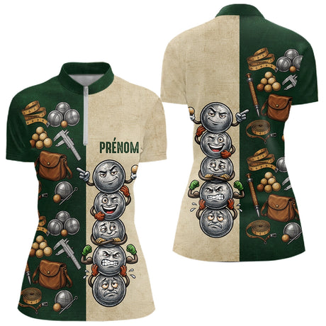Polo Pétanque Balle Sourire Personnalisé - Vintage Vert et Beige - Polo Zippé Femme