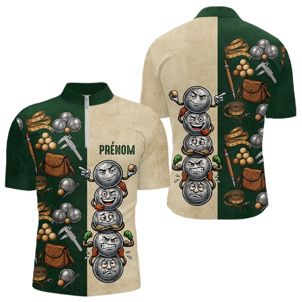 Polo Pétanque Balle Sourire Personnalisé - Vintage Vert et Beige - Polo Zippé Homme