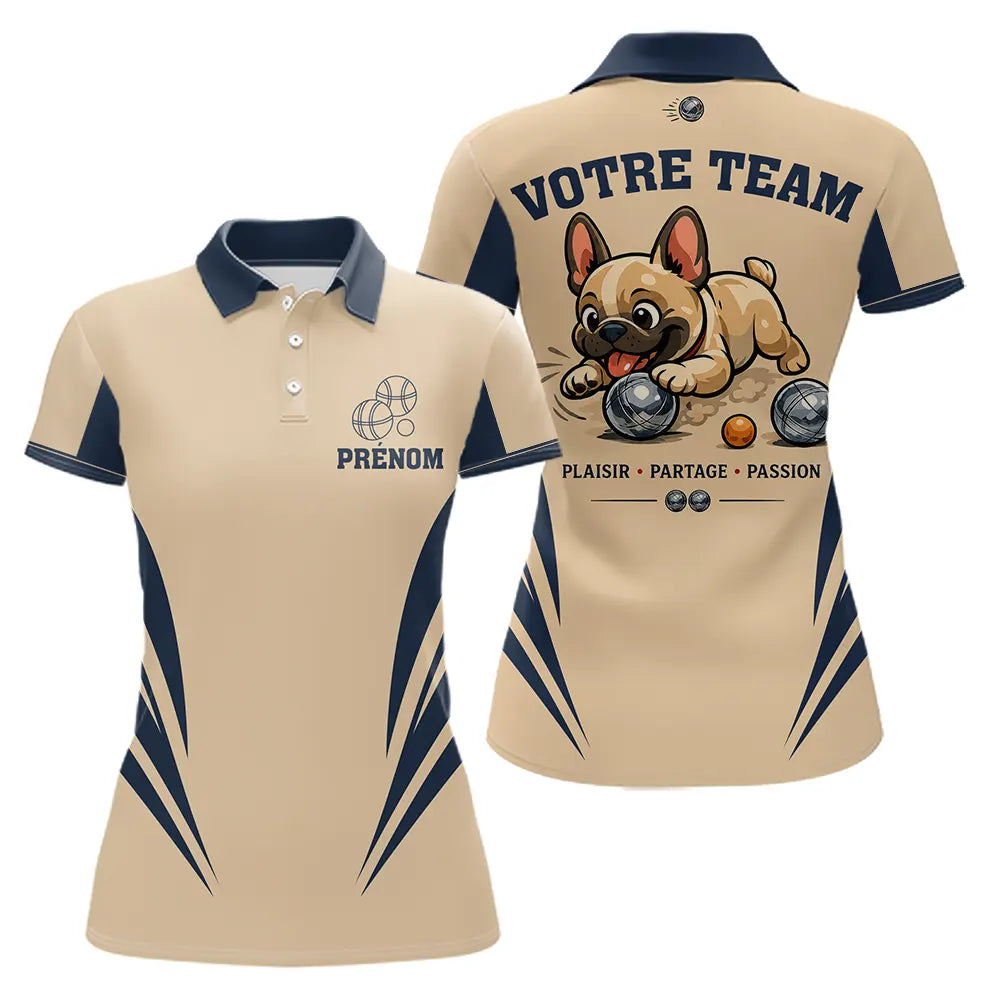 Polo Pétanque Beige & Bleu - Personnalisé Bouledogue Original - Polo Femme