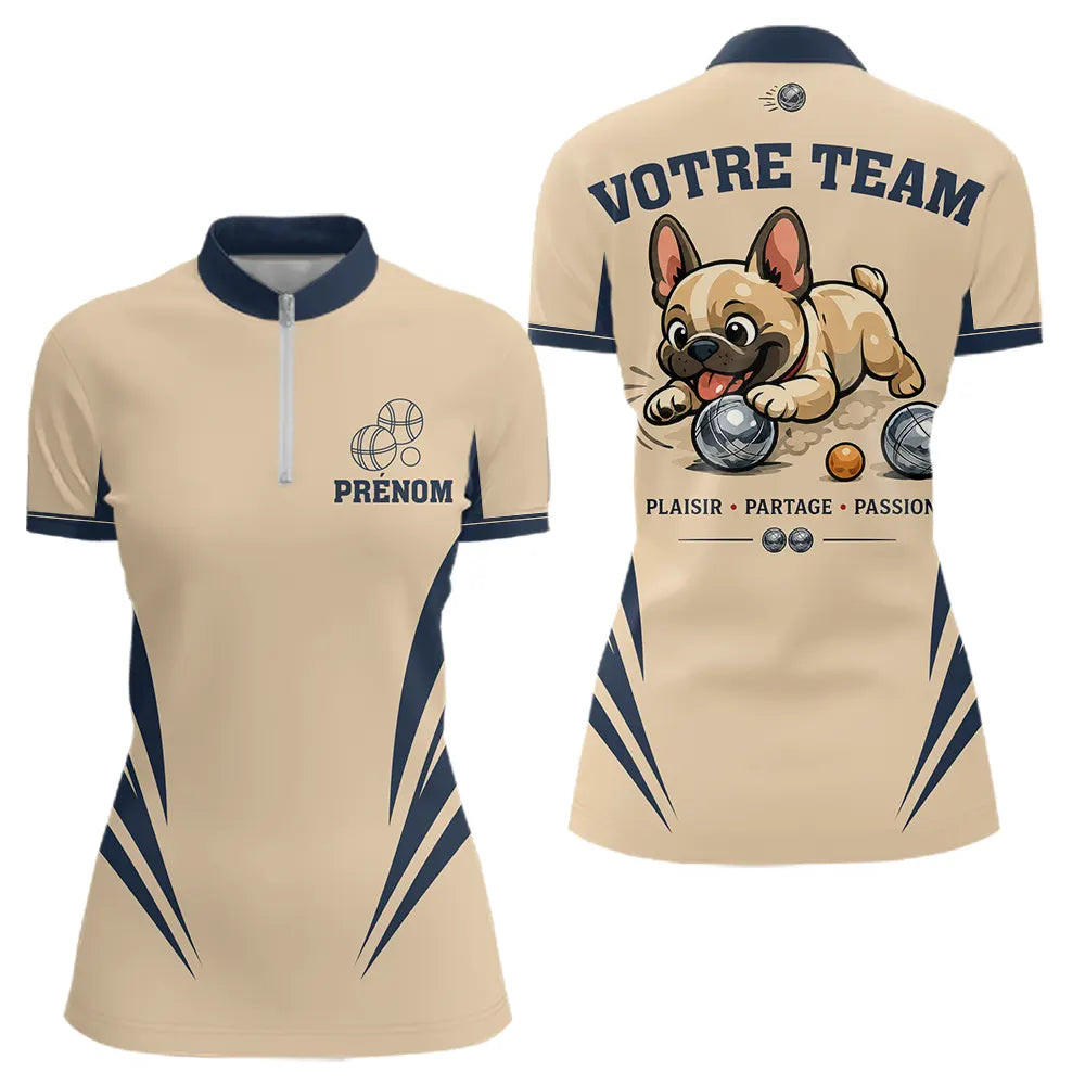 Polo Pétanque Beige & Bleu - Personnalisé Bouledogue Original - Polo Zippé Femme