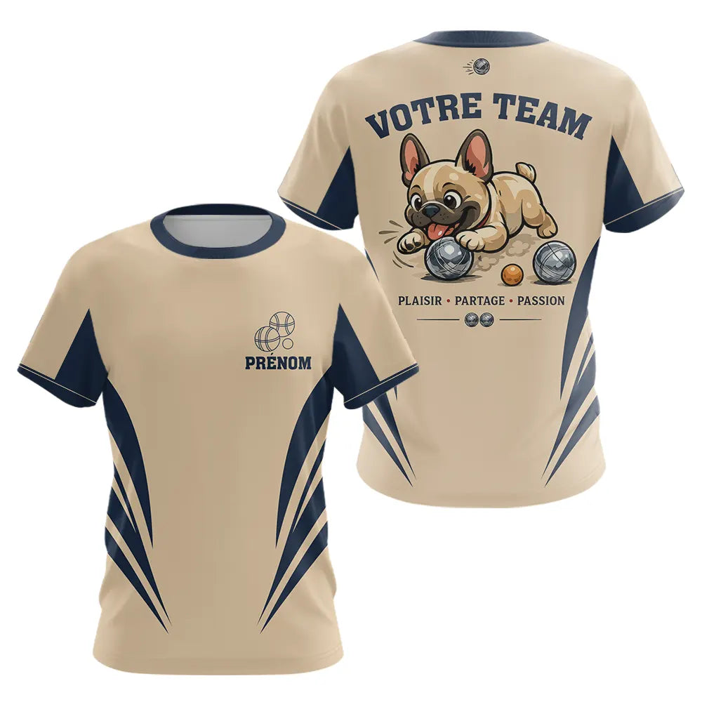 Polo Pétanque Beige & Bleu - Personnalisé Bouledogue Original - T-Shirt Femme
